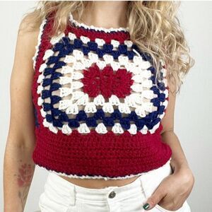 Crochet Top Handmade Granny Square Red, White, and Blue Crop Top